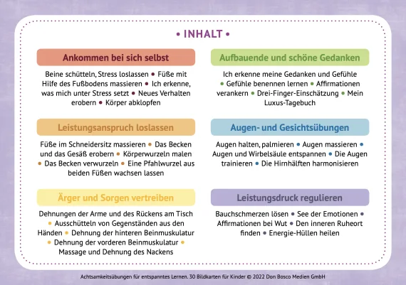 Achtsamkeitsübungen für entspanntes Lernen. 30 Bildkarten für Kinder