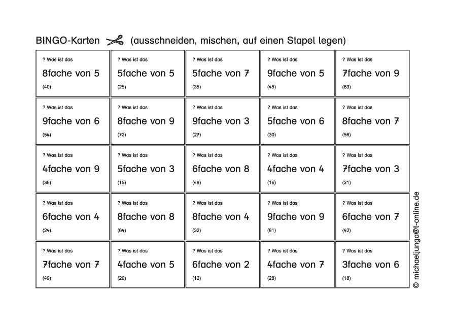 Lern-BINGO 1x1 Anspruchsv. Aufgaben 1 PDF