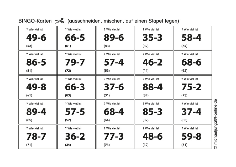 Lern-BINGO 2A Subtraktion (ZE-E=ZE o.Ü.) bis 100 PDF