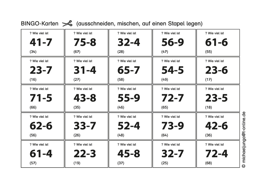 Lern-BINGO 5A Subtraktion (ZE-E=ZE m.Ü) bis 100 PDF