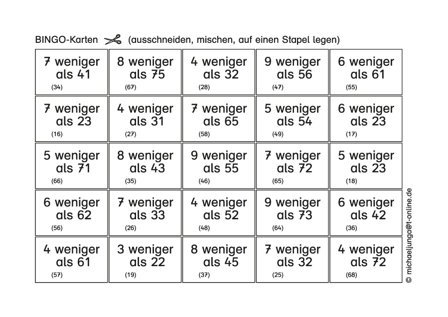 Lern-BINGO 5B Subtraktion (ZE-E=ZE m.Ü) bis 100 PDF