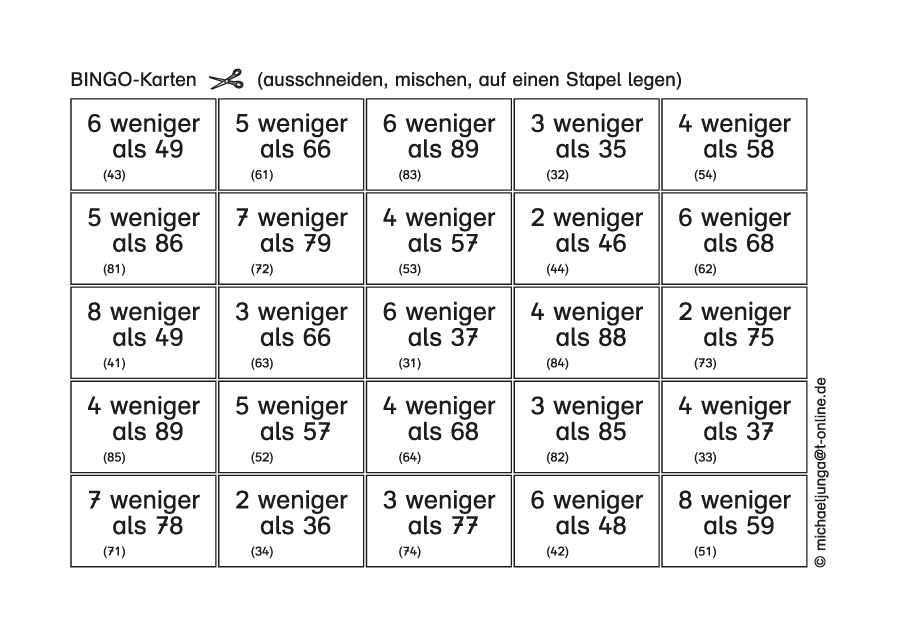 Lern-BINGO 2B Subtraktion (ZE-E=ZE o.Ü.) bis 100 PDF