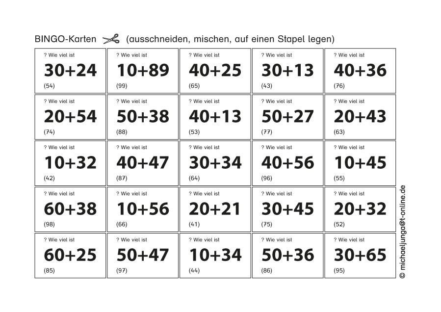 Lern-BINGO 7A Addition (Z+ZE=ZE o.Ü.) bis 100 PDF