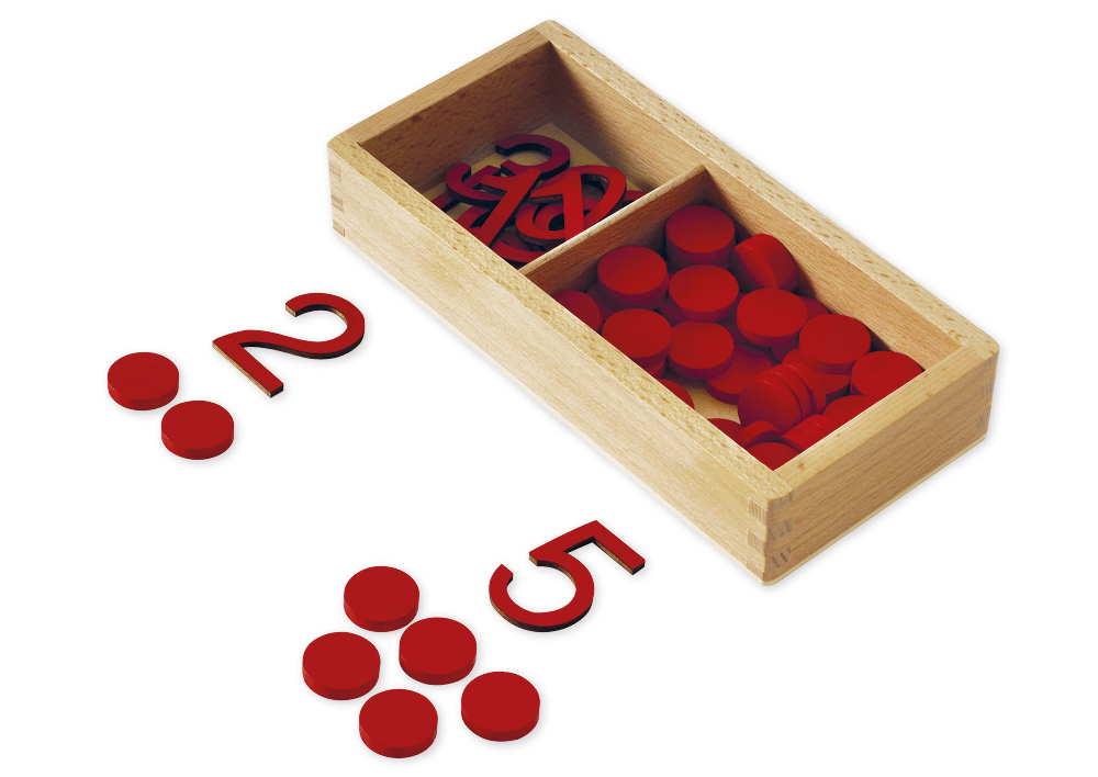 Ziffern und Chips, in Holzbox "Montessori Premium"